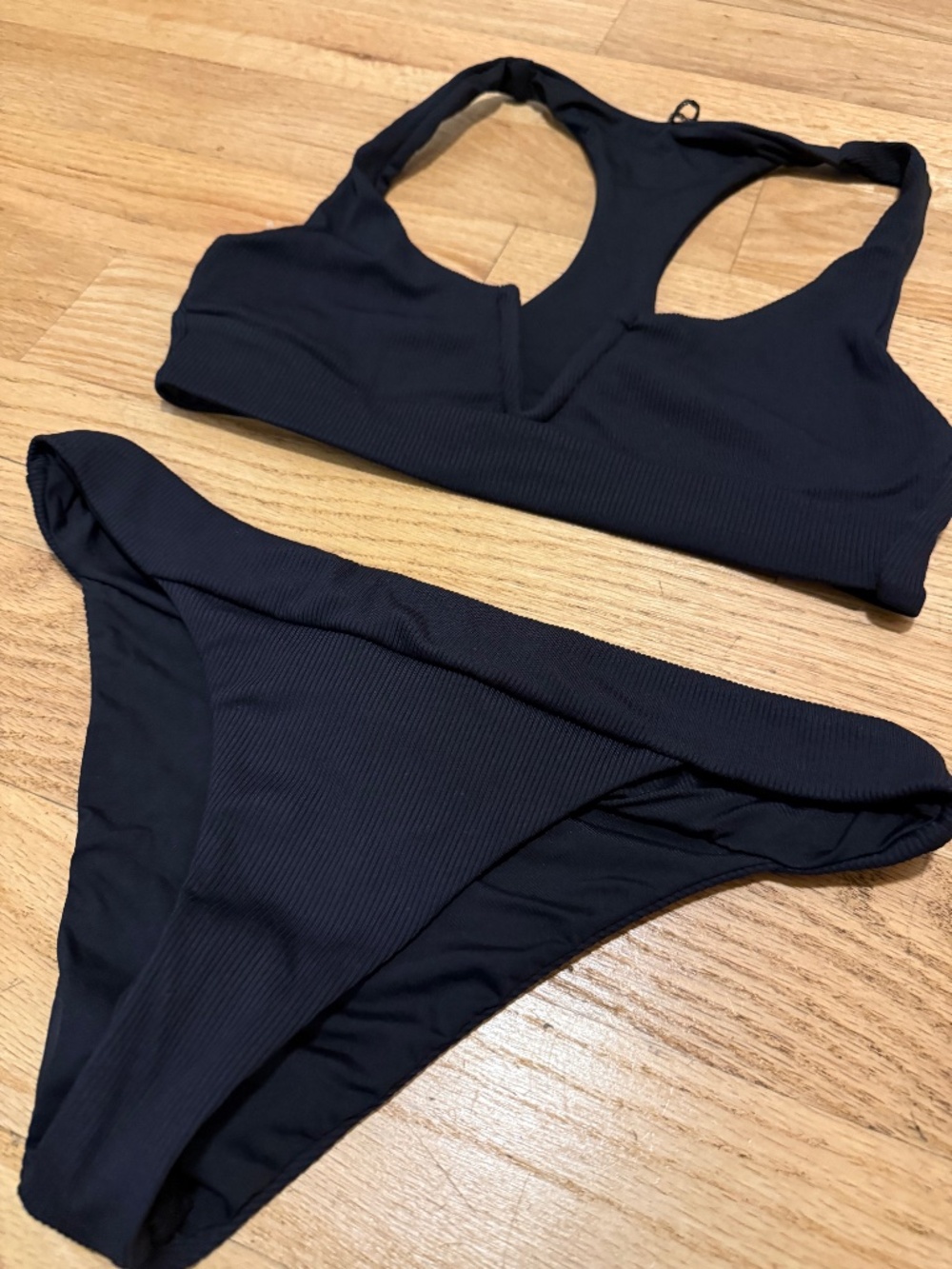 Summerful for Everything But Water Black Ribbed Bikini Set L Racerback V Notch